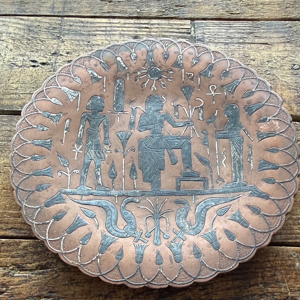 Decorative Vintage Copper and Silver Egyptian Patterned Cairoware Plate